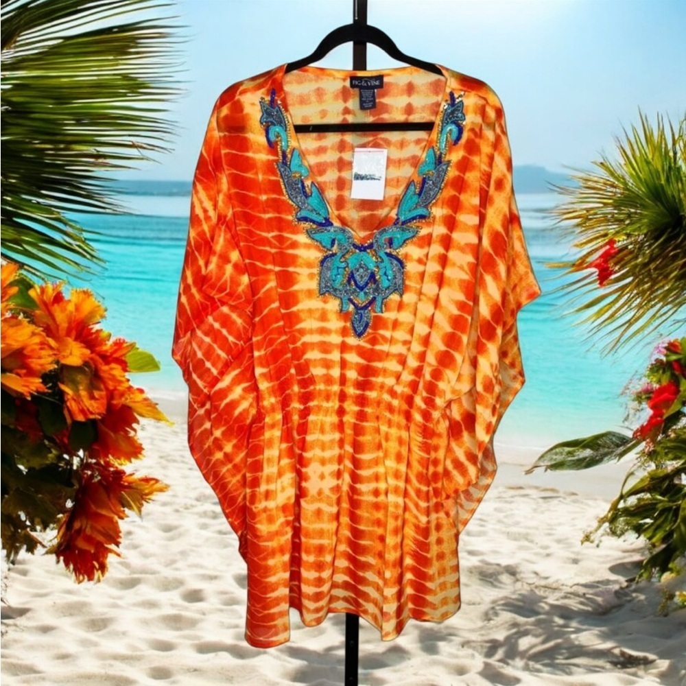 ☀️Fig & Vine Orange Tie Dye Beaded Summer Kaftan Tunic Beach Coverup Size XL NWT
